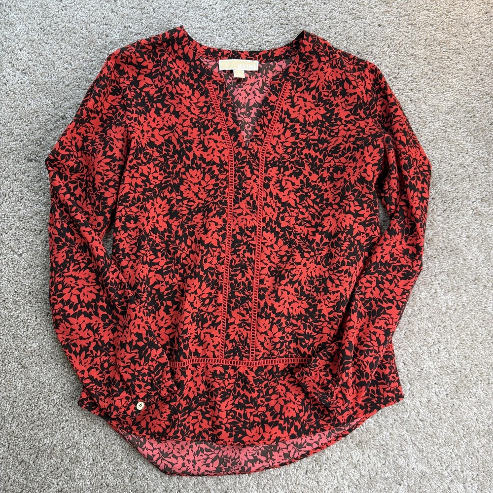 MICHAEL Michael Kors Blouse Womens Small Red Black Floral V Neck Tunic Top